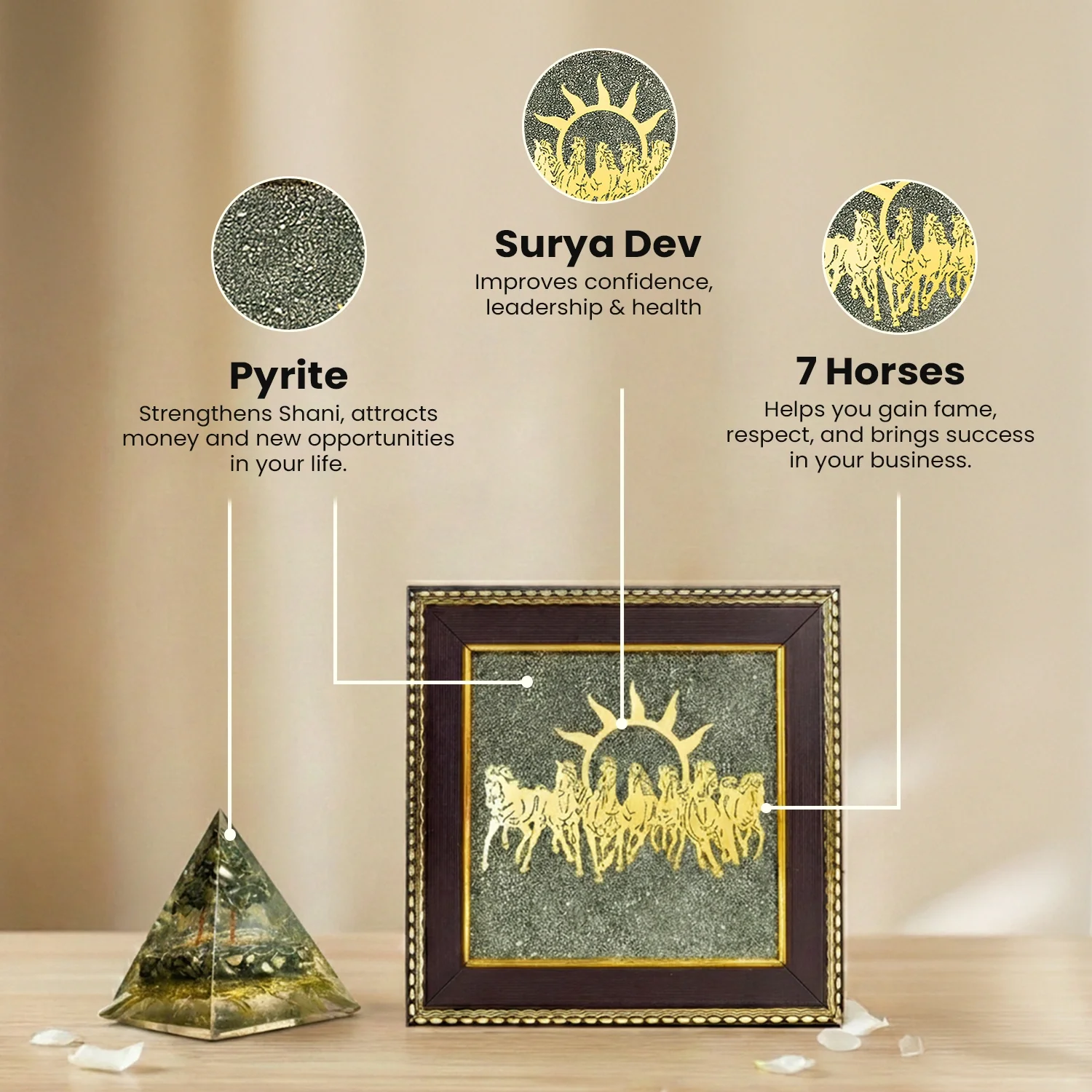 7 Horses on Raw Pyrite Frame with FREE Money Magnet Pyramid - Image 8