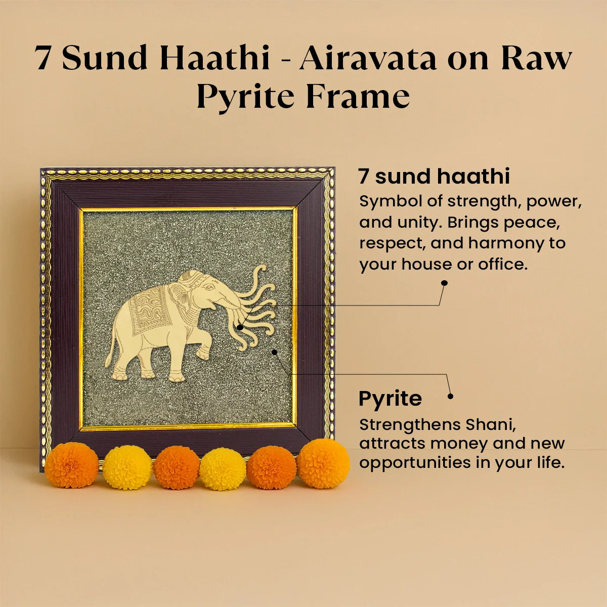 7 Trunk Elephant - Airavata on Raw Pyrite Frame - Image 3