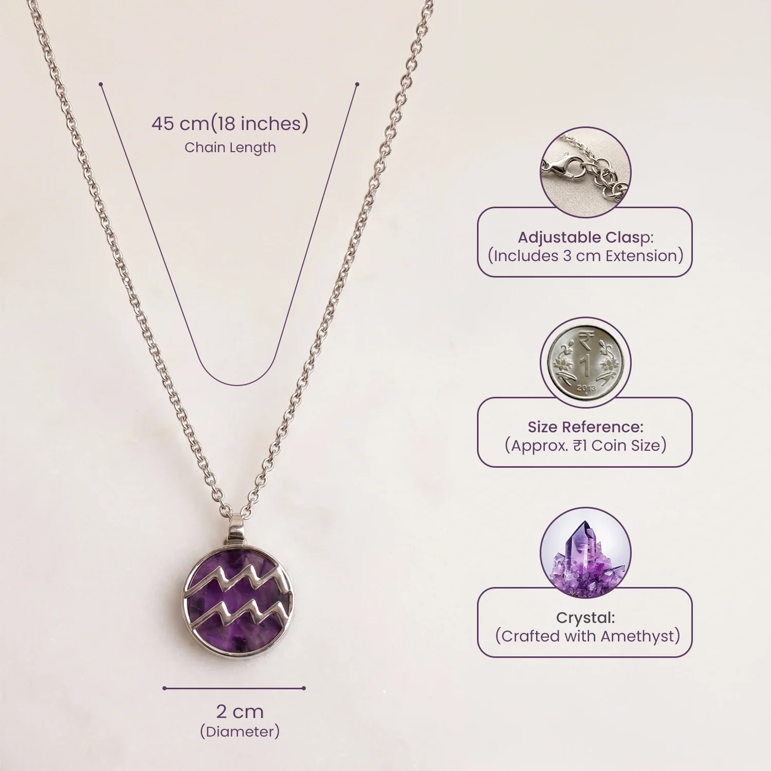 Aquarius Pendant (कुंभ राशि) with Amethyst - Image 9