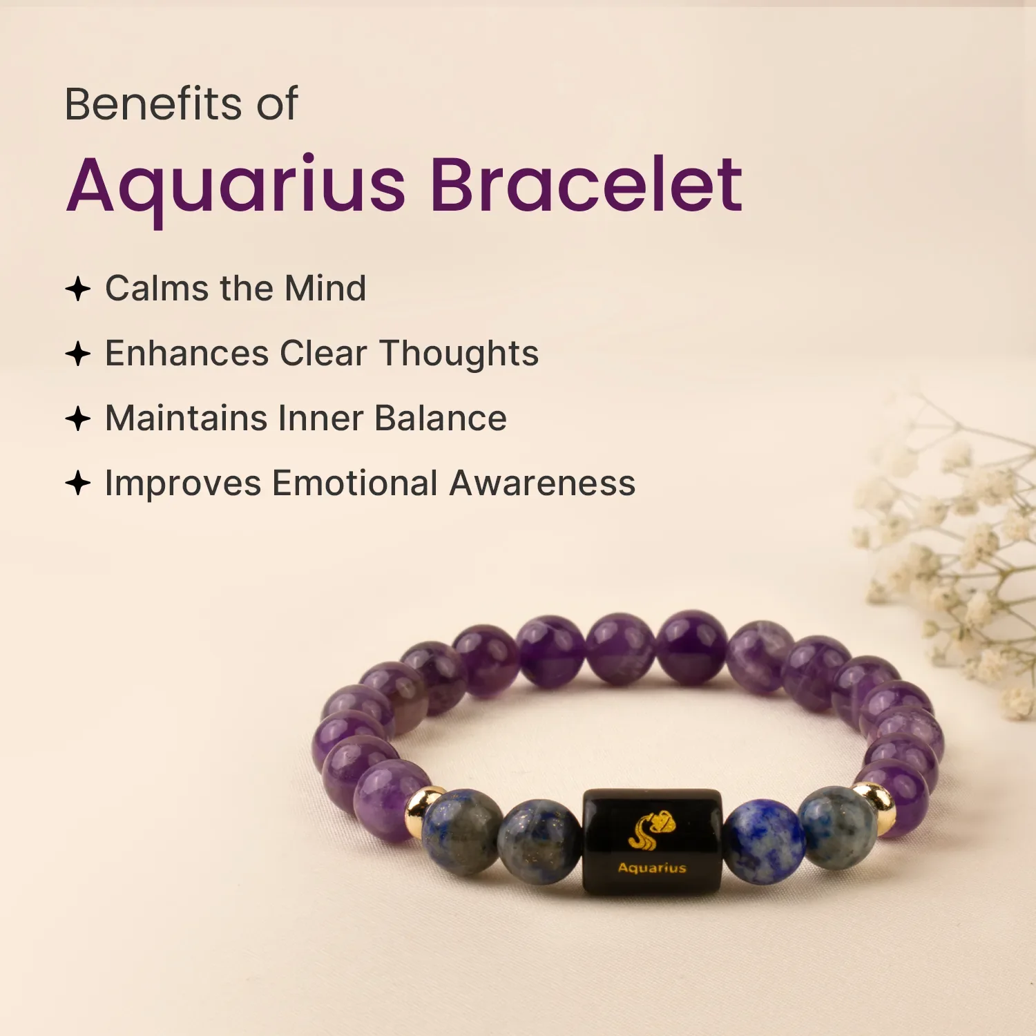 Aquarius (कुंभ राशि) Zodiac Amethyst & Lapis Lazuli Bracelet - Image 4