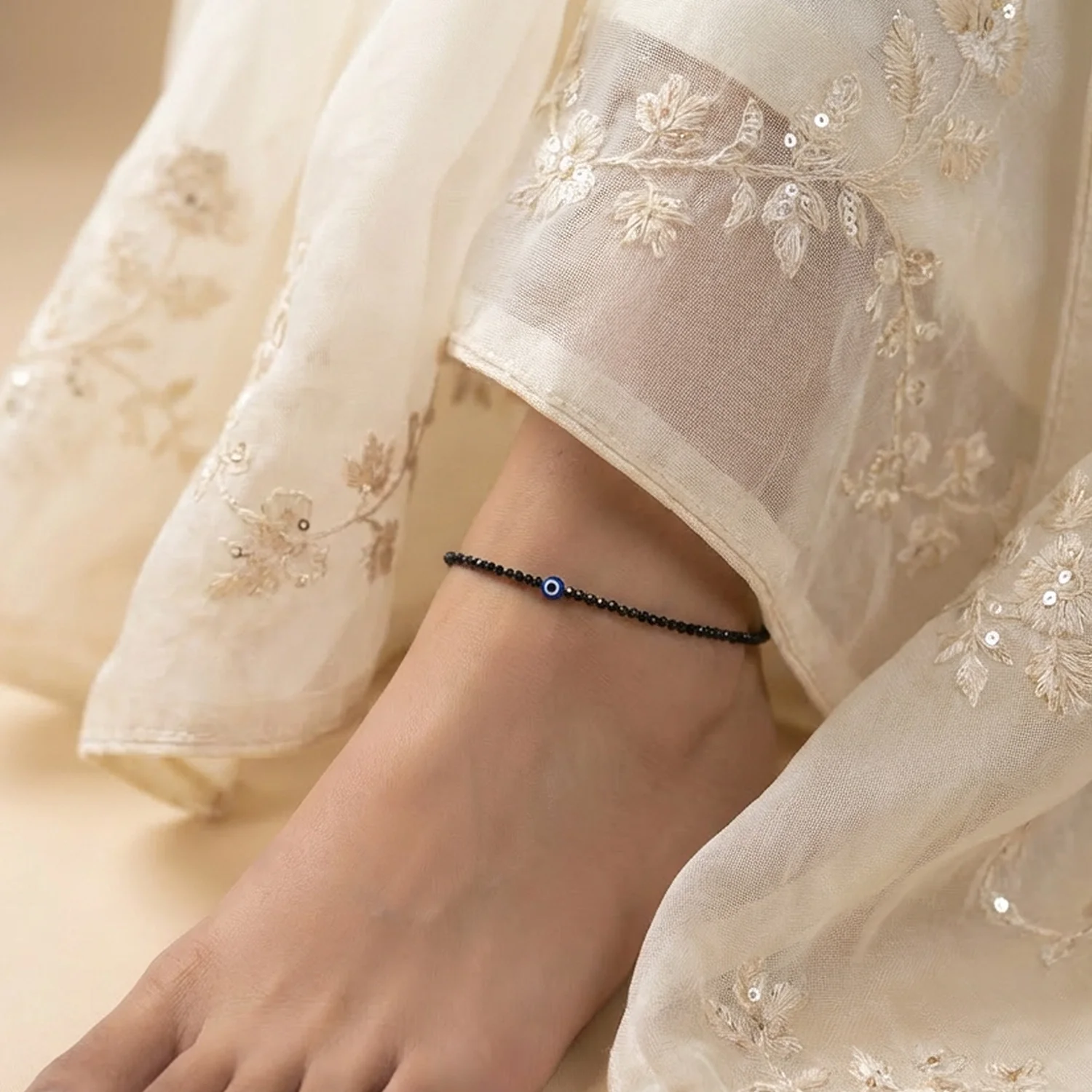 Black Tourmaline Anklet with Evil Eye Charm - Image 7