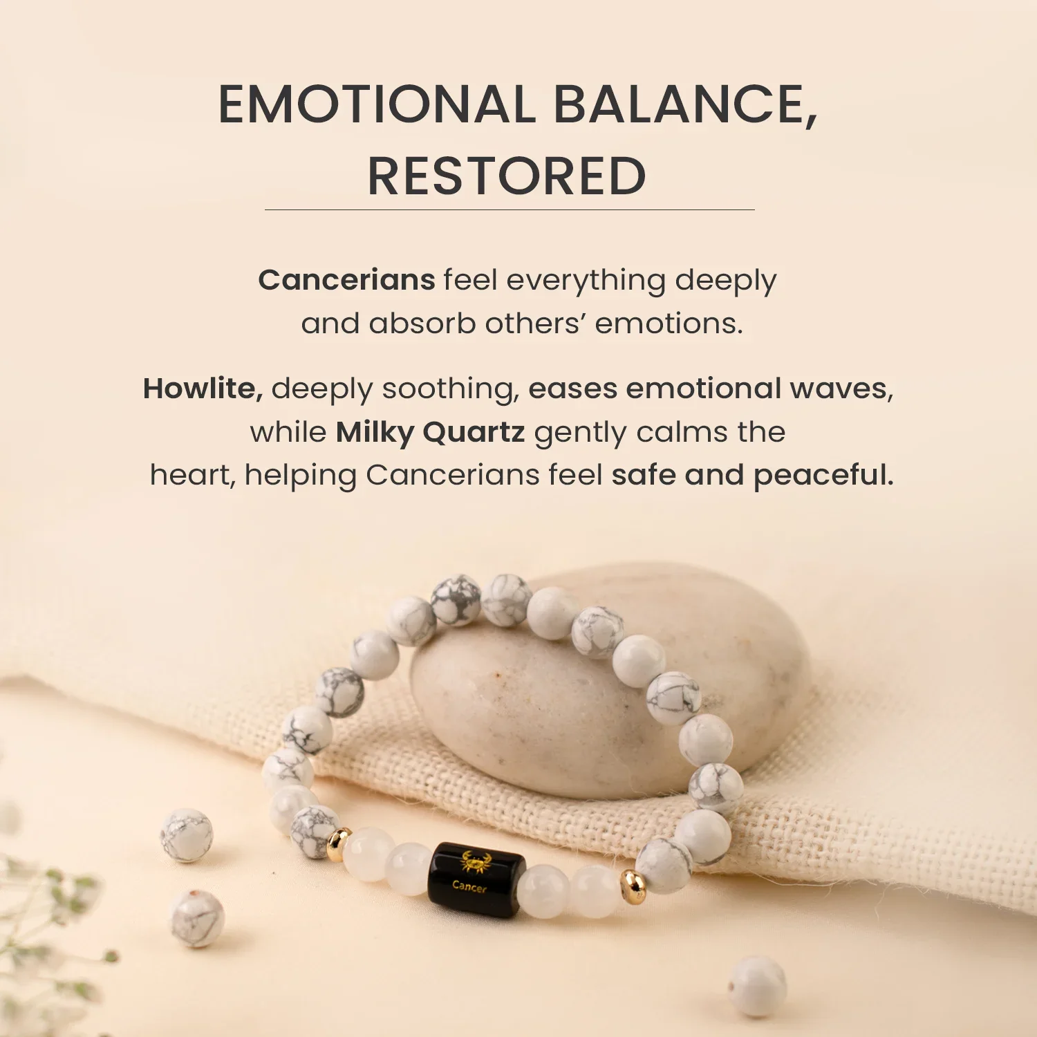 Cancer (कर्क राशि) Zodiac Howlite & Milky Quartz Bracelet - Image 6