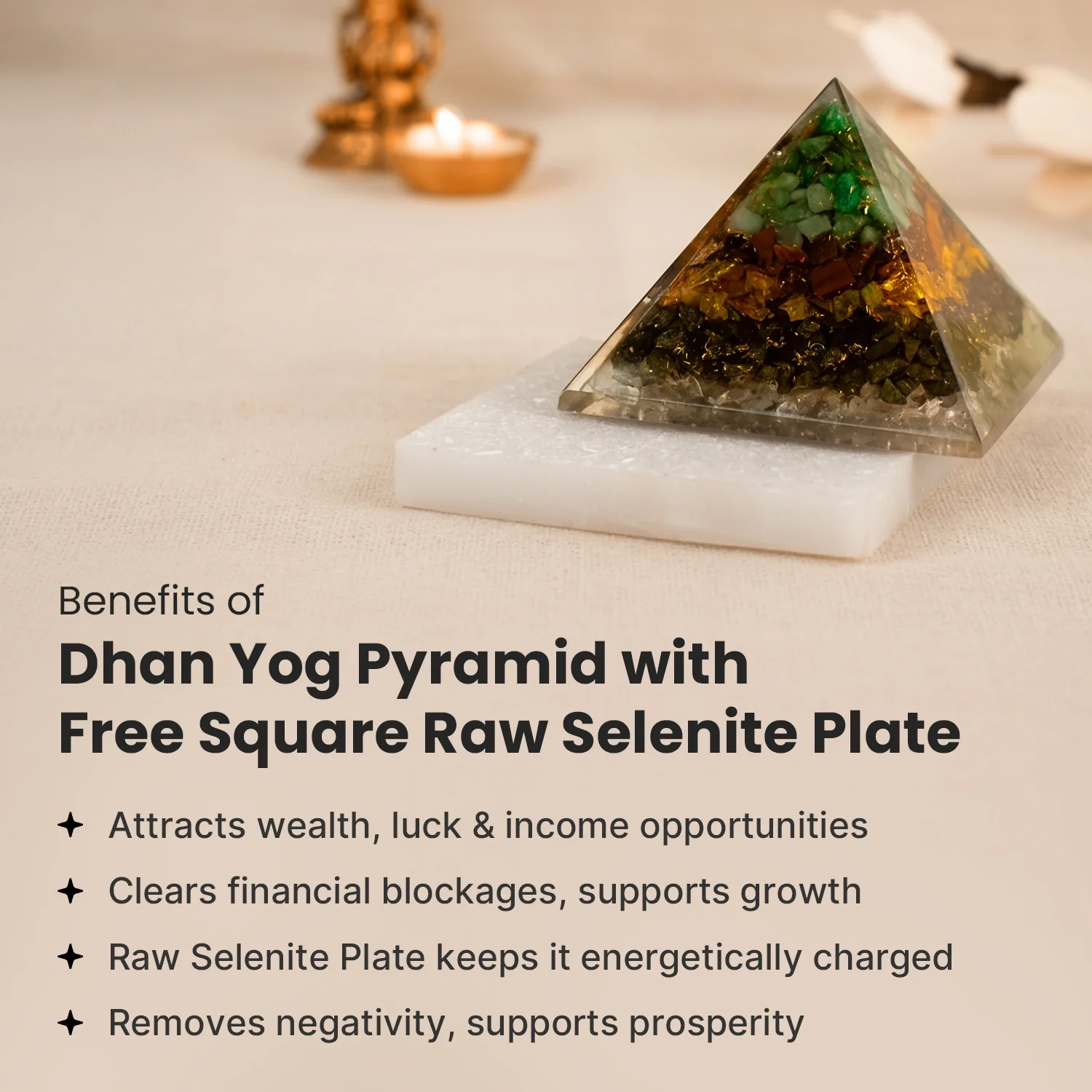 Dhan Yog Pyramid With Free Square Raw Selenite Plate - Image 5