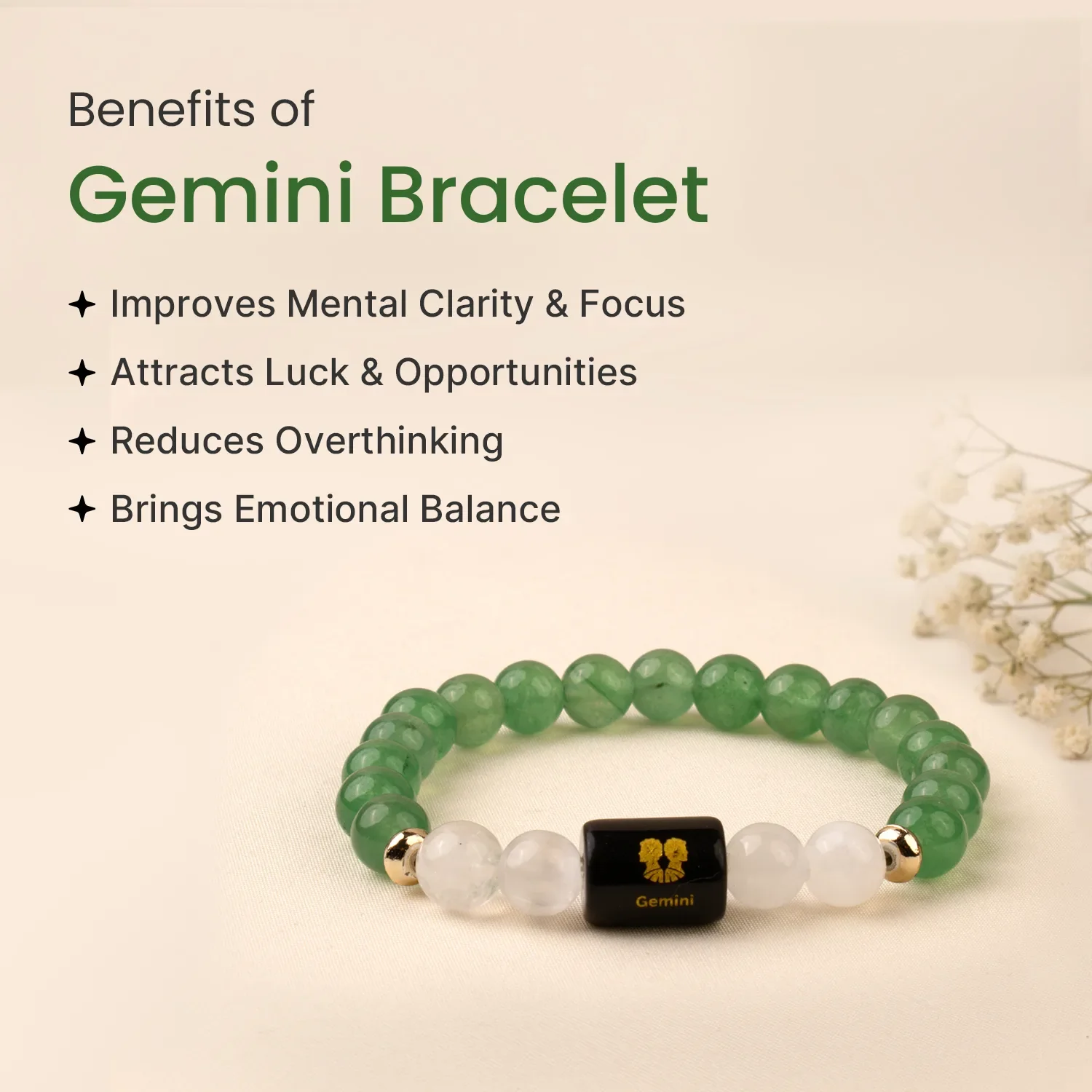 Gemini (मिथुन राशि) Zodiac Green Aventurine & Milky Quartz Bracelet - Image 4