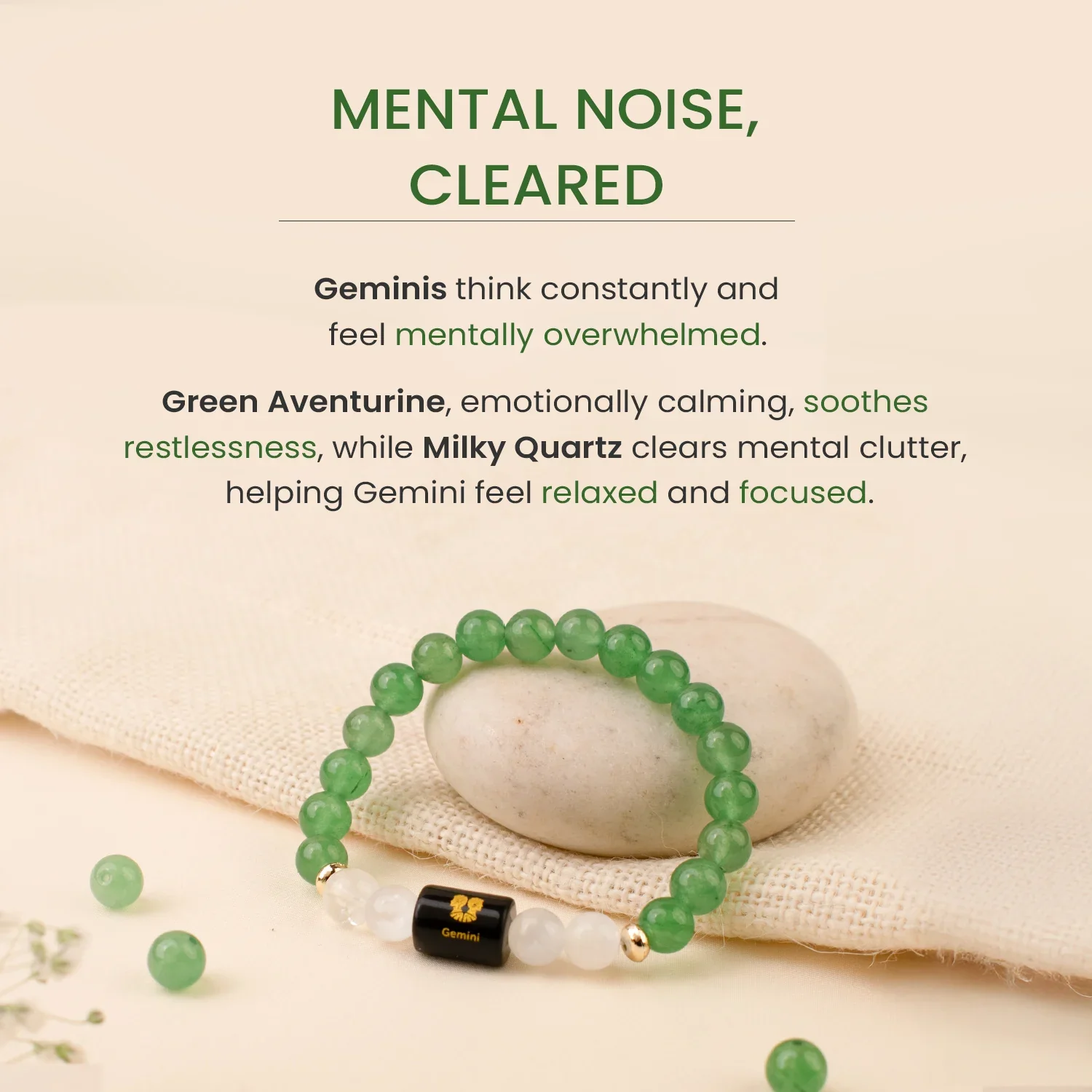 Gemini (मिथुन राशि) Zodiac Green Aventurine & Milky Quartz Bracelet - Image 6
