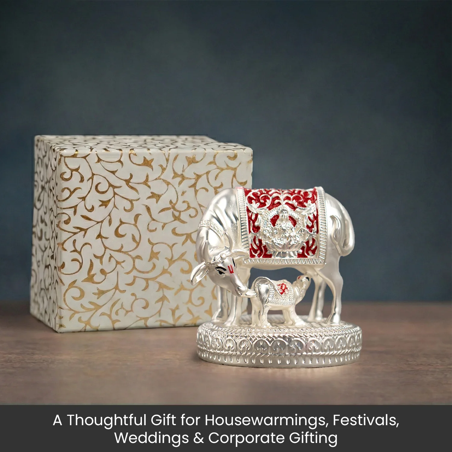 999 Silver Plated Kamdhenu Cow with Calf Idol - Image 9