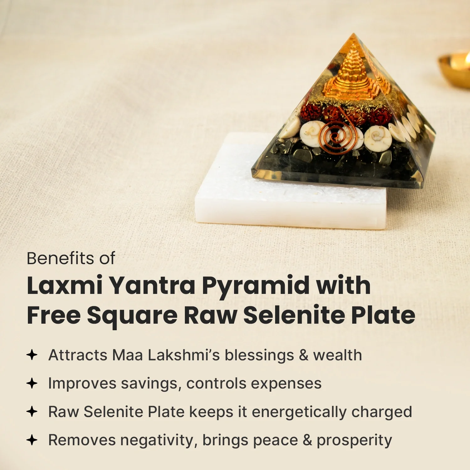Laxmi Yantra Pyramid with Free Square Raw Selenite Plate - Image 5
