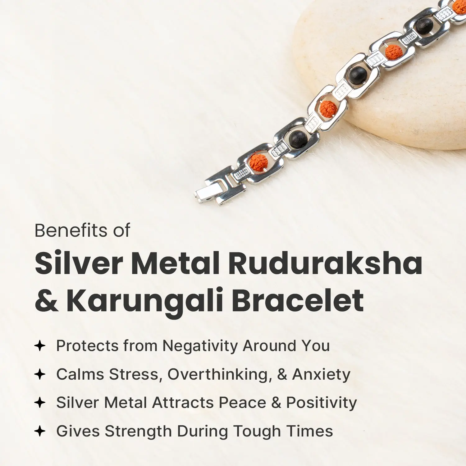 Metal Rudraksha and Karungali Bracelet - Silver - Image 4