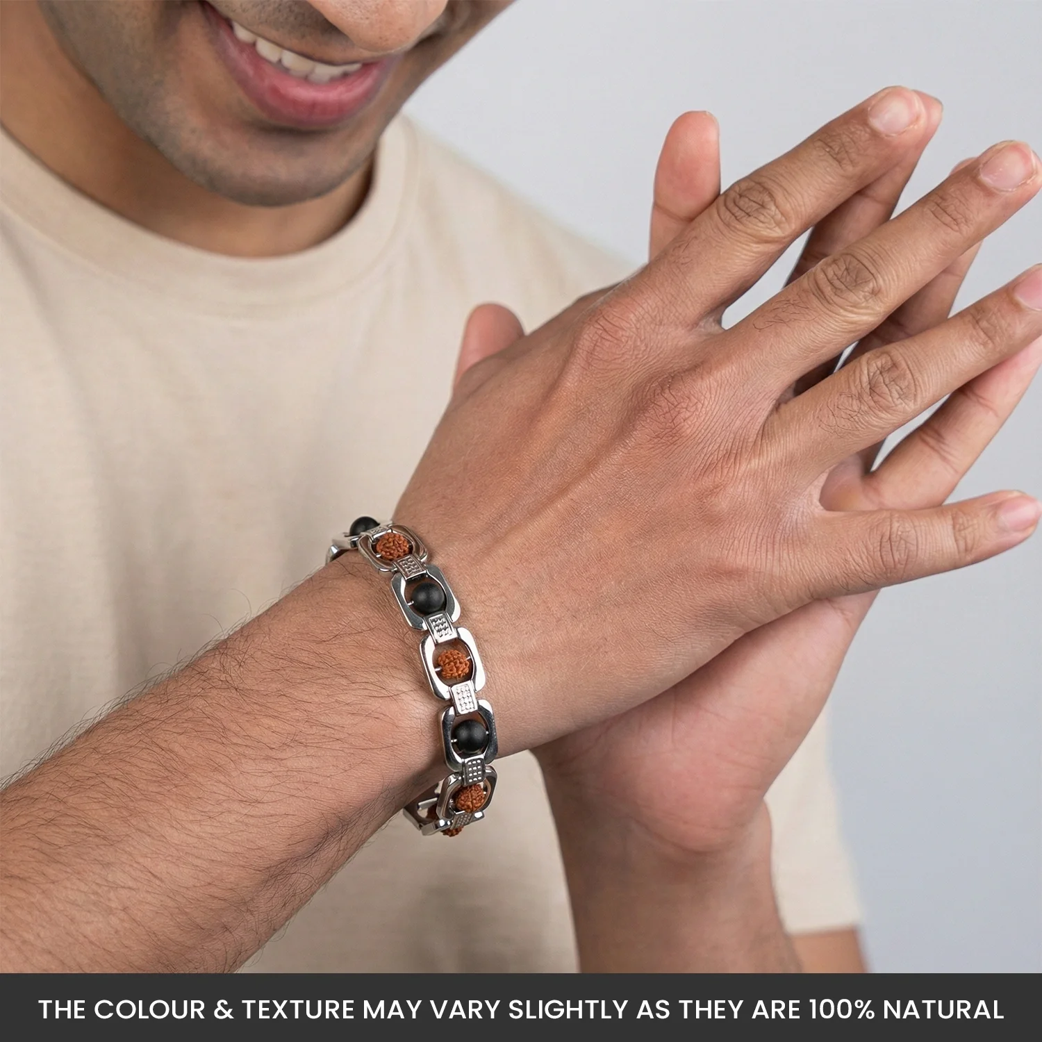 Metal Rudraksha and Karungali Bracelet - Silver - Image 6