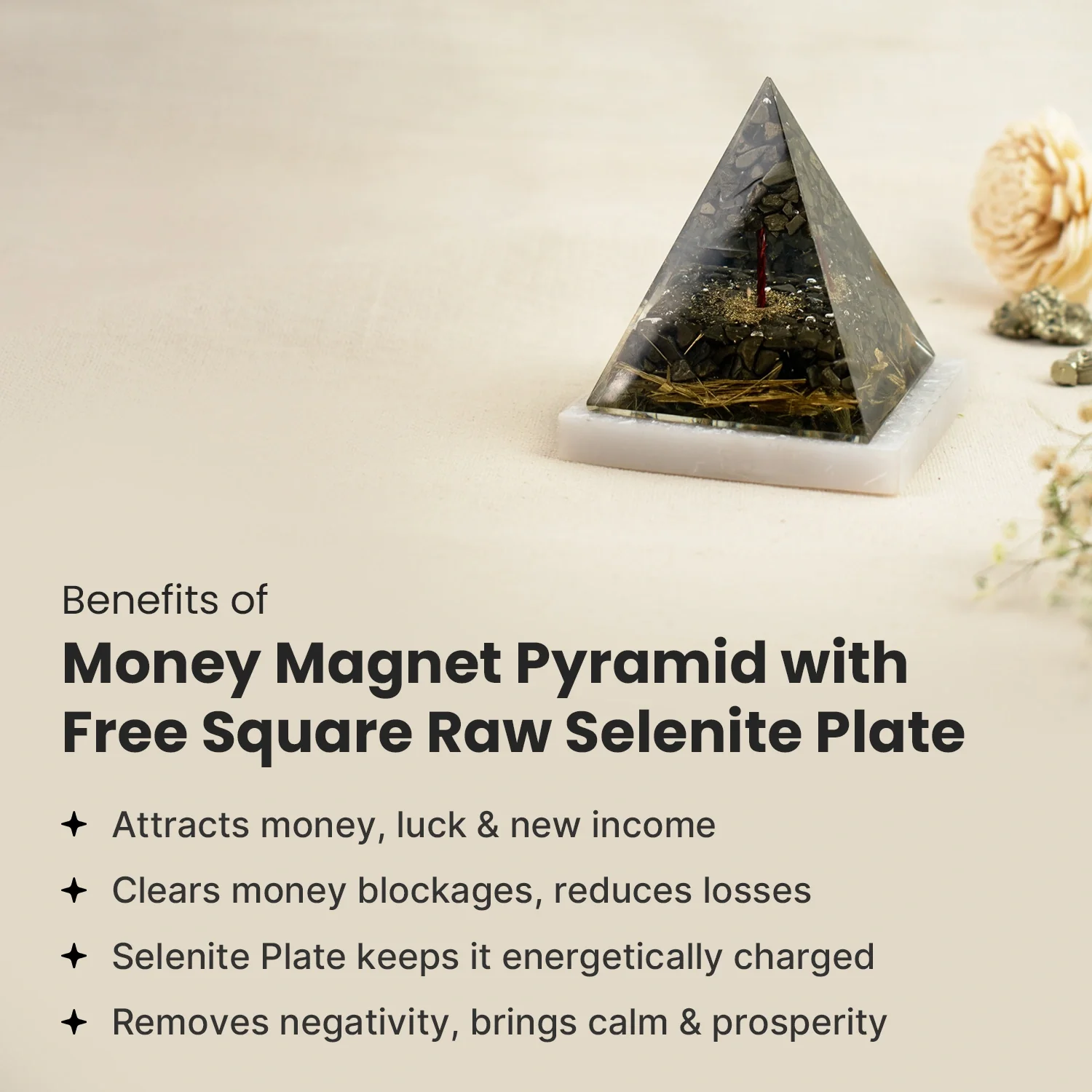 Money Magnet Pyrite Pyramid with Free Square Raw Selenite Plate - Image 5