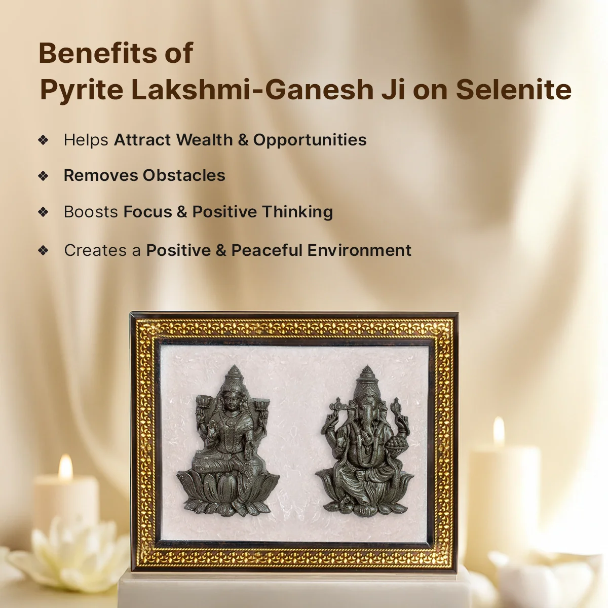 Pyrite Lakshmi - Ganesh Ji on Selenite Frame - Image 4