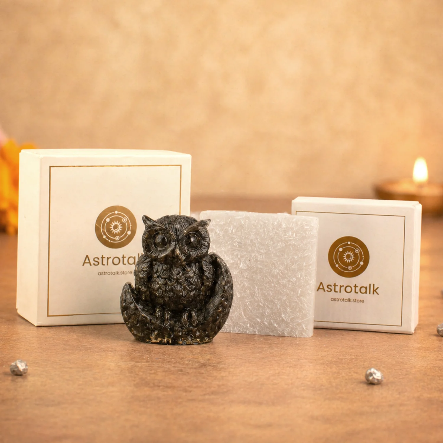 Pyrite Owl with Free Square Selenite Plate - Image 14