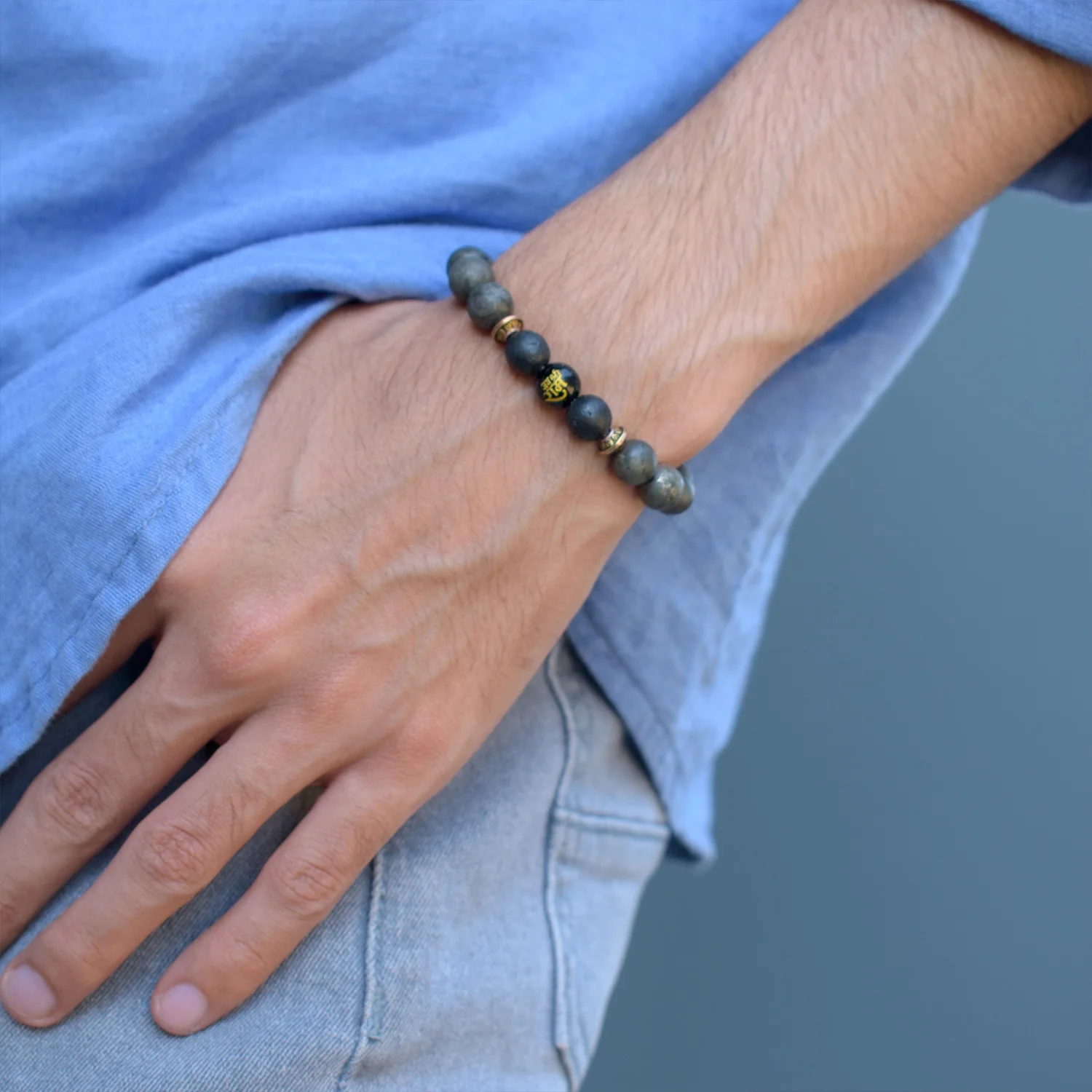 Raw Pyrite Bracelet with Ram Bead - Image 3