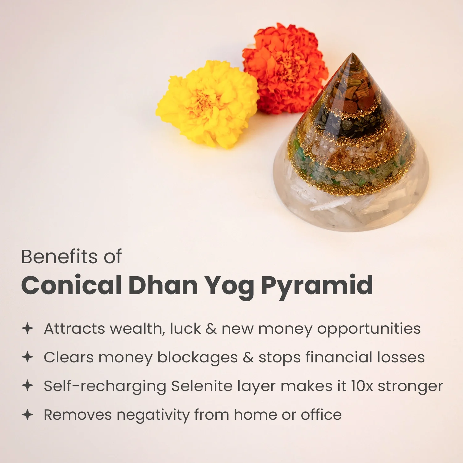Conical Dhan Yog Pyramid With Selenite Base - Image 5