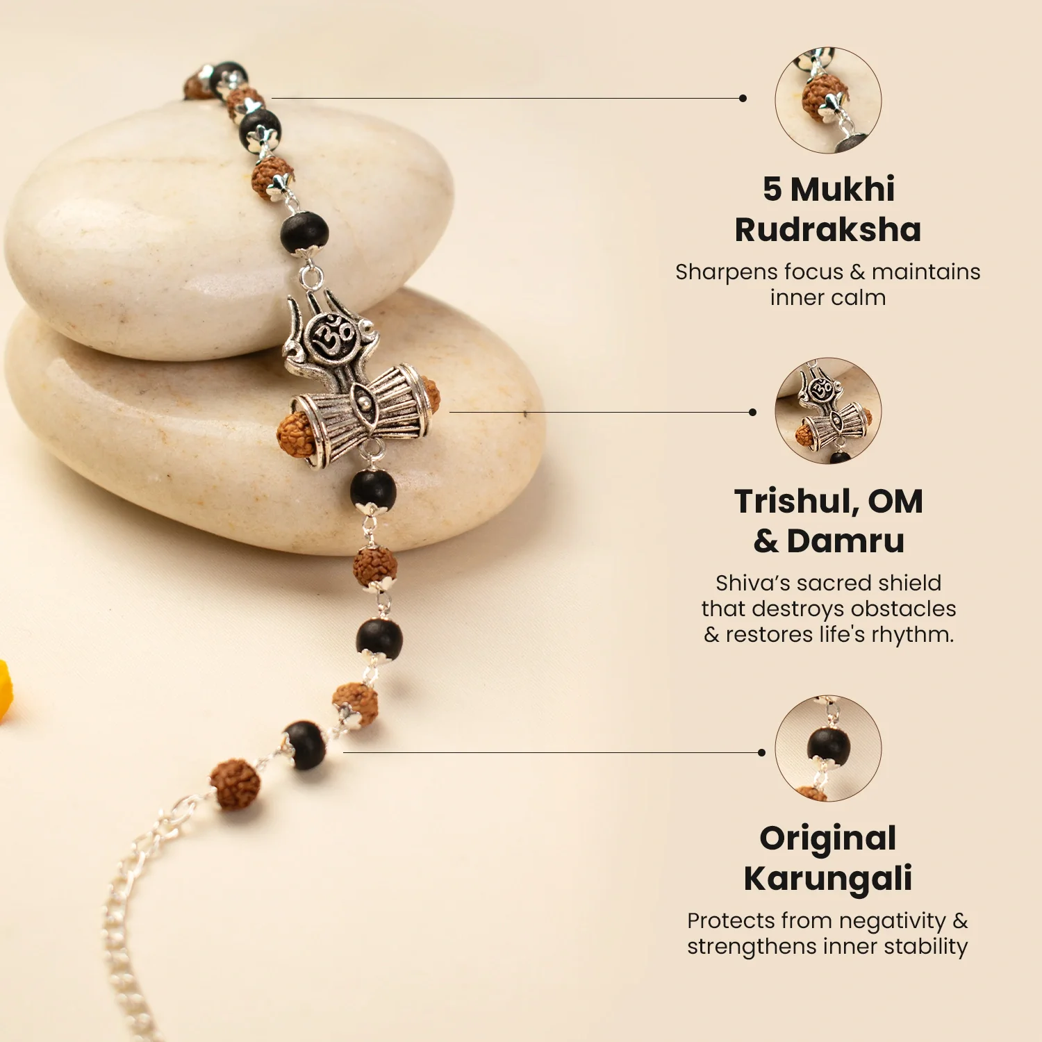 Om Trinetra Trishul Damru Karungali Rudraksha Bracelet - Image 5