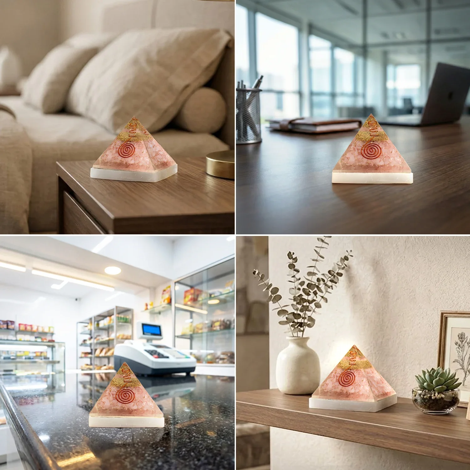 Rose Quartz Pyramid with Free Raw Square Selenite Plate - Image 11