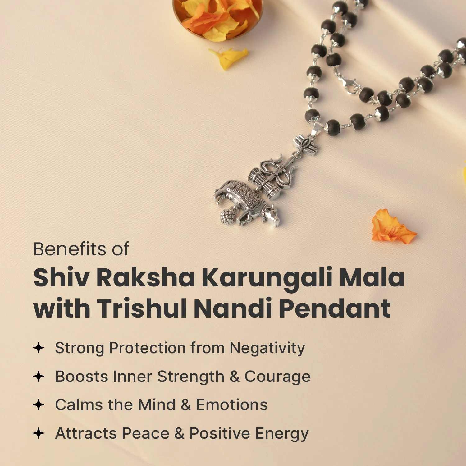 Shiv Raksha Karungali Mala with Trishul Nandi Pendant - Image 3