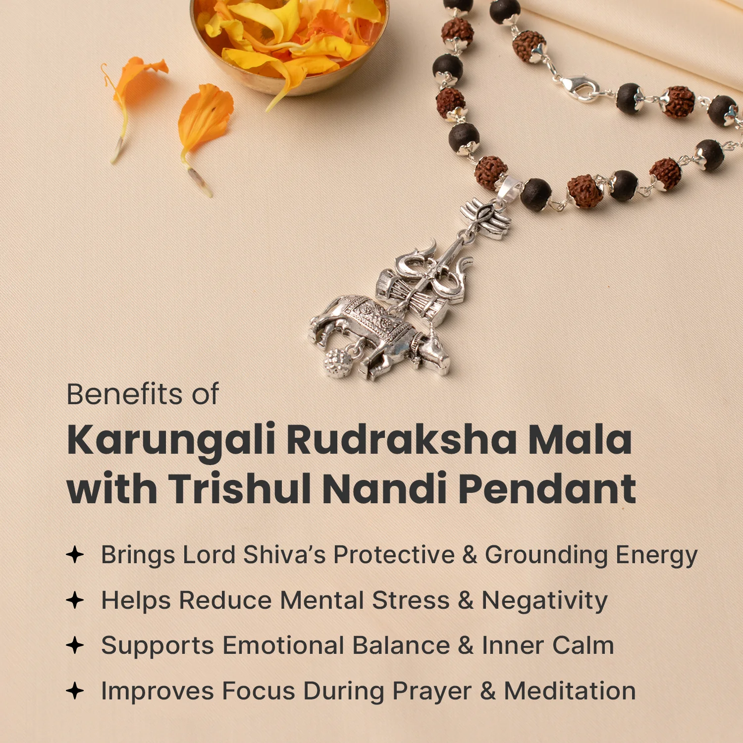 Shiv Raksha Karungali Rudraksha Mala with Trishul Nandi Pendant - Image 3