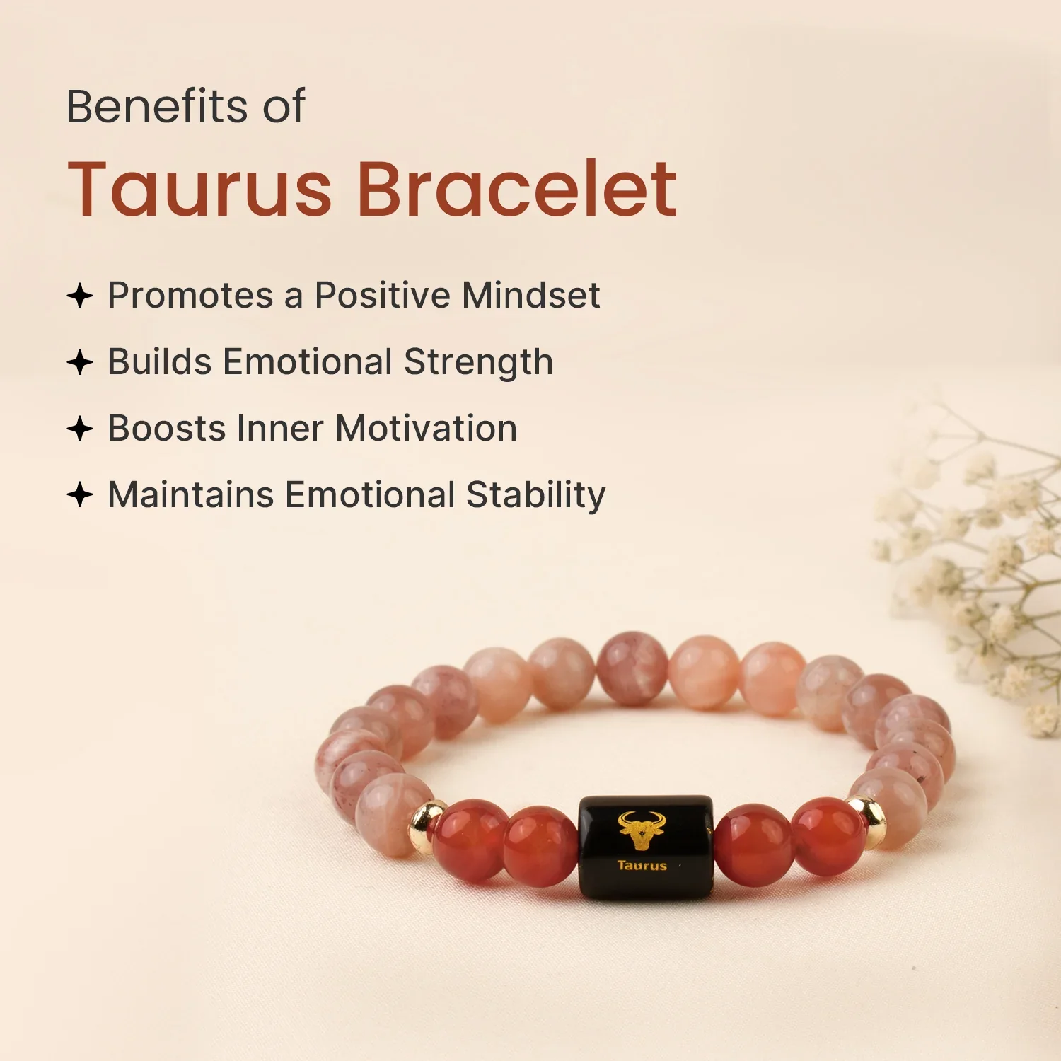 Taurus (वृषभ राशि) Zodiac Sunstone & Carnelian Bracelet - Image 4