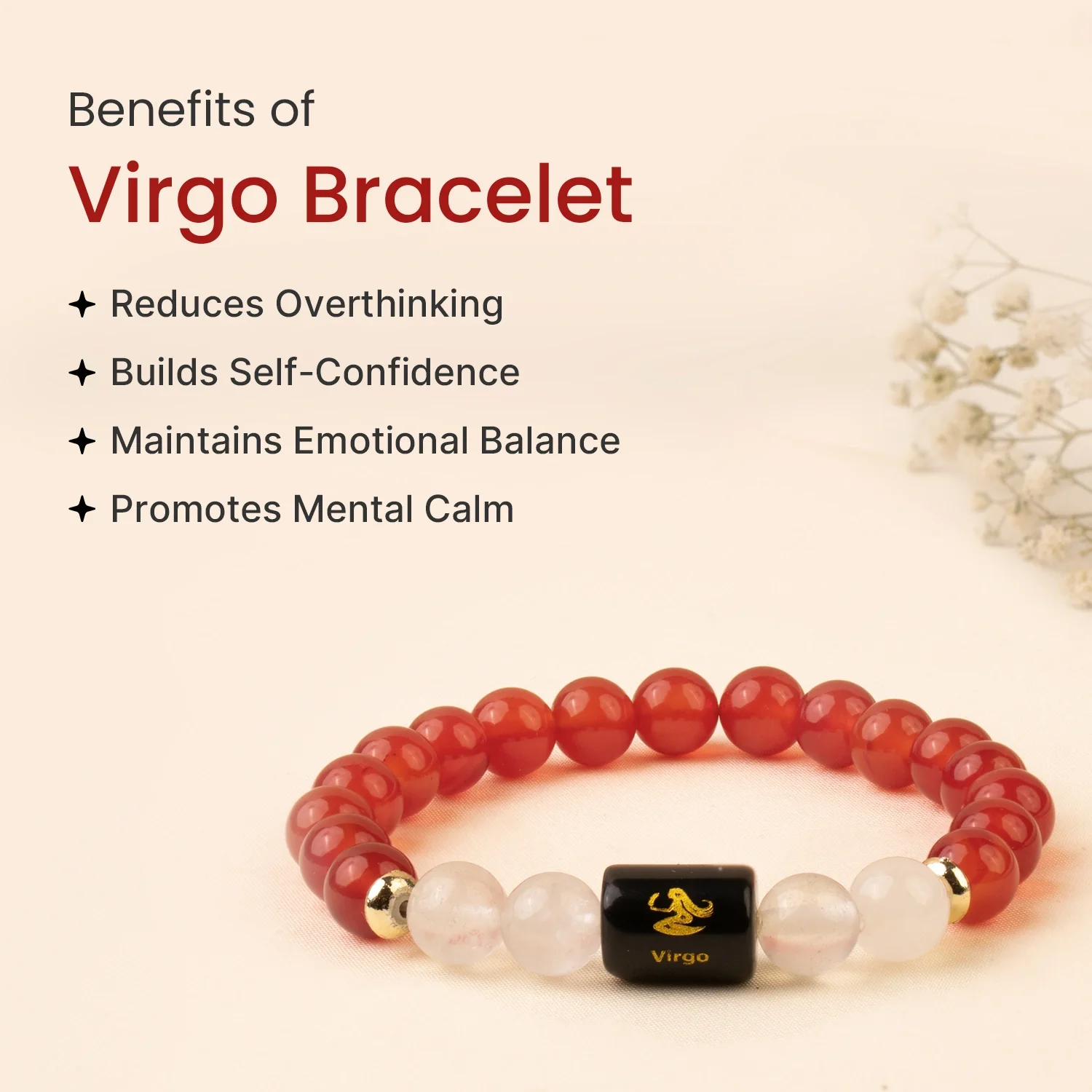 Virgo (कन्या राशि) Zodiac Carnelian & Milky Quartz Bracelet - Image 4
